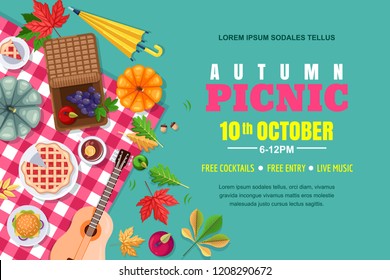 Fall Picnic Horizontal Background. Autumn Thanksgiving Holiday Vector Poster, Banner Template. Outdoors Weekend In Park, Flat Illustration.