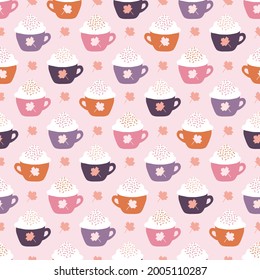 Fall Pink Pumpkin Spice Latte and Maple Leaves Seamless Pattern Background
