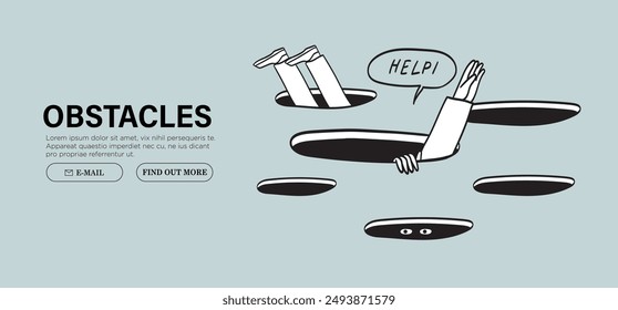 Fall to pit. Avoid mistakes or business failure, fail to solve problem concept. Businessman, employee or student ask for help advice to overcome adversity and achieve business success and stability.