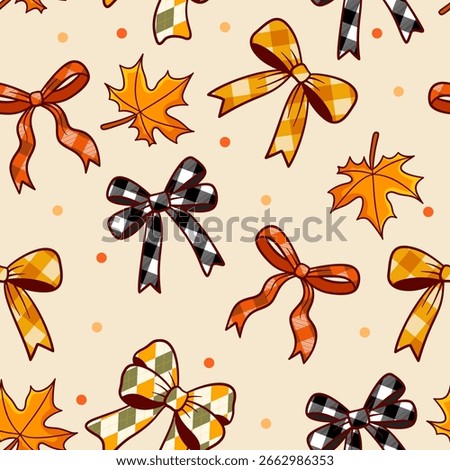Fall plaid bow with maple leaves seamless pattern for background 