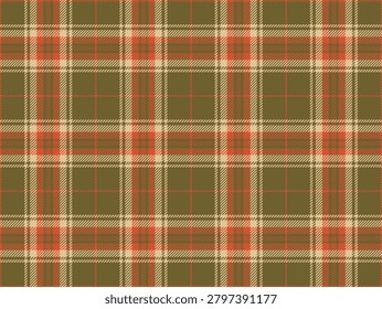 Fall plaid tartan green-orange seamless pattern, autumn textile fabric for flannel shirts