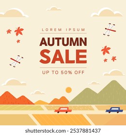 Herbst-Pop-up-Banner-Design. Landschaft mit einem Auto auf einer Straße mit ländlichen Reisfeldern und Feldern fahren.