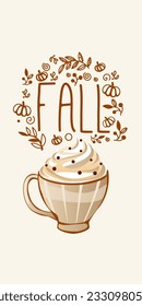 Fall poster with autumn drink. The poster can be used for seasonal greetings and invitations to autumn events such as festivals, Cafe and bakery advertising, Decor for restaurants and culinary events