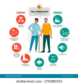 Fall Prevention Tips Infographic With Smiling Caregiver Assisting A Senior Man, Healthy Lifestyle Concept