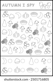Fall printable worksheet in black and white. I spy game page for children. Searching and counting activity with drawing symbols. Autumn simple spotting coloring page
