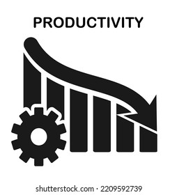 Fall In Productivity. Reduction In Efficiency. Technology Decrease. Gear With Downward Arrow Graph. Isolated Vector Line Icon. 