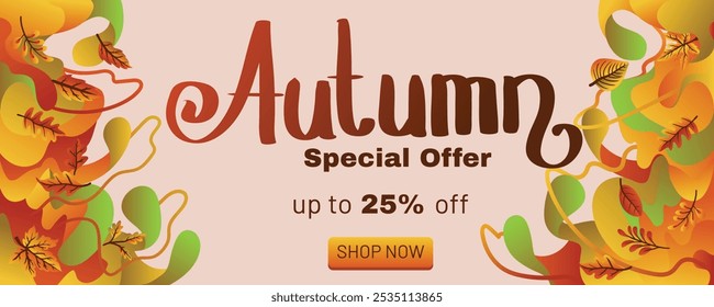 Anuncio de la promoción de la caída con el fondo Abstractas líquido y los detalles de la hoja Concepto de la oferta especial del otoño con la Ilustración vectorial abstracta de la Plantilla del Anuncio del fondo