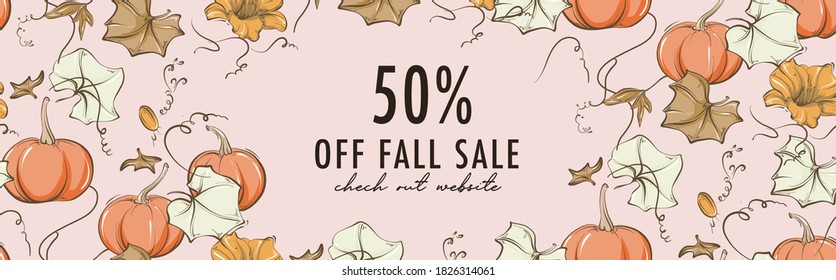 Fall promotion template, pumpkin bloom design. Kids store sale decoration. Halloween holiday decoration, digital art in vector . 