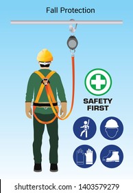 Fall Protection, Construction Worker Safety First, Vector Design