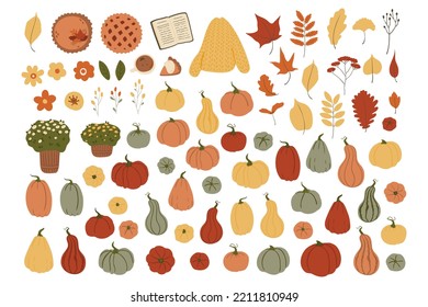 fall pumpkin and autumn leaves vector illustrations in flat style, Autumn vibes clipart, sweater, book, pumpkin, leaf, coffee, tea, pumpkin pie, flower