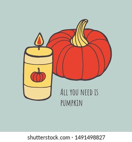 Fall pumpkin candle clipart. Pumpkin autumn decoration clip art. Orange, grayish blue and red.