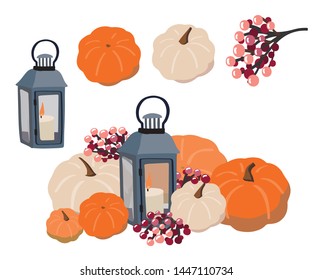 Fall pumpkin decoration with candle lantern, red autumn berries clipart. Card, wall art, mug decor, sticker, iron on, banner design. Thanksgiving party invitation vector elements. Pumpkin party. 