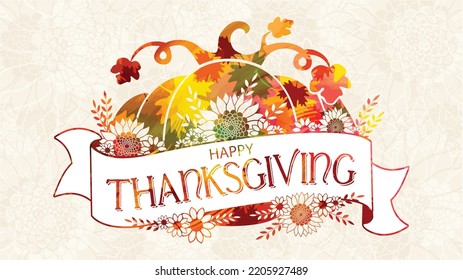 Fall pumpkin, hand drawn floral elements with a Happy Thanksgiving ribbon. Happy Thanksgiving flag or banner for social media in elegant festive autumn colors. Autumn scene