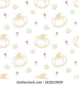 Fall pumpkin, maple leaf, and candy hand drawn outlined with white background seamless pattern. Adorable Halloween art concept for decoration on wallpaper room party