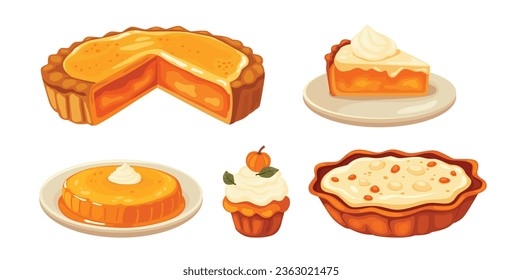 Fall Pumpkin Pie Kit. Autumn mood. A piece of pumpkin pie, pumpkin, meringue, top view of the whole pie. Vector illustrated element.