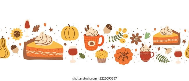 Fall pumpkin pie slice and pumpkin spice latte seamless horizontal border decorated fall leaves, flowers, acorns, berry. Vector autumn season repeat frame food. Cute Thanksgiving day illustration