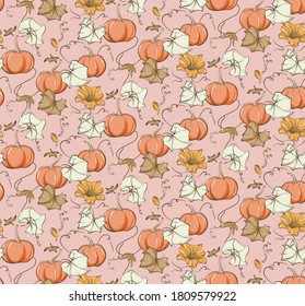 Fall pumpkin seamless pattern. Fairy tale nursery repeat background, wild flower autumn bloom illustration.  Kids baby girl kitchen print,home decor  texture, bedroom design