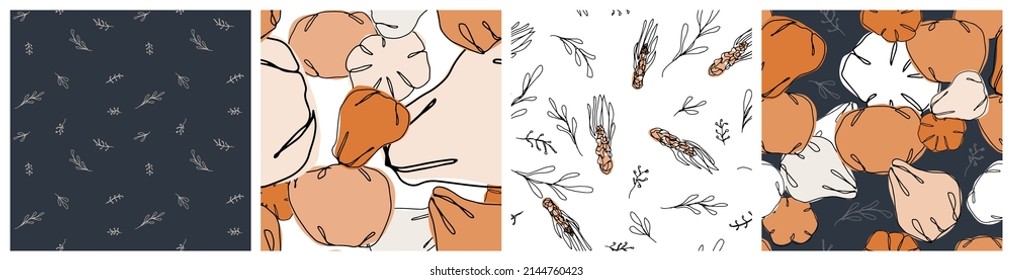Fall pumpkin seamless pattern set with abstract vegetable vector graphic. Modern autumn textile design for kitchen towel, napkin or tablecloth print.