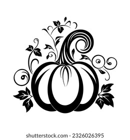 Fall Pumpkin Silhouette. Thanksgiving vegetable line art. Hand drawn pumpkin with leaves and branches isolated on white background. Autumn harvest concept.