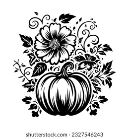 Fall Pumpkin Silhouette. Thanksgiving vegetable line art. Hand drawn pumpkin with leaves and flowers isolated on white background. Autumn harvest concept.