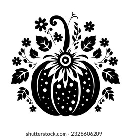 Fall Pumpkin Silhouette. Thanksgiving vegetable line art. Hand drawn pumpkin with leaves and branches isolated on white background. Autumn harvest concept.