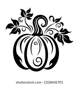 Fall Pumpkin Silhouette. Thanksgiving vegetable line art. Hand drawn pumpkin with leaves and branches isolated on white background. Autumn harvest concept.