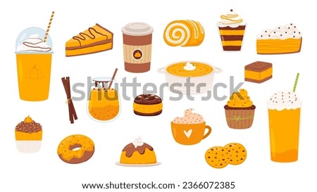 Fall pumpkin spice latte. Cupcakes and autumn desserts, hot sweet drinks in mug and food. Pie slice and donut, cookies snugly vector clipart