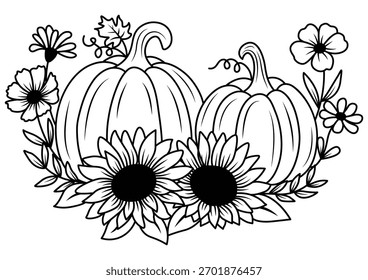 Otoño de calabaza y girasol dibujado a mano, calabaza con flores para Acción de Gracias.