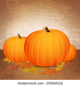 Fall pumpkins and changing leaves against a grunge background. Vector EPS 10.