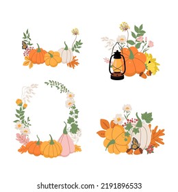 Fall pumpkins and leaves arrangement set Isolated on white background. Perfect for Fall harvest festival  Thanksgiving postcard or banner. Vector illustration.