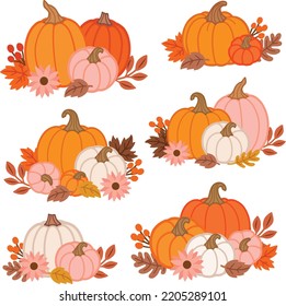 Fall pumpkins and leaves centerpiece vector illustration set. For Thanksgiving, Halloween etc. 