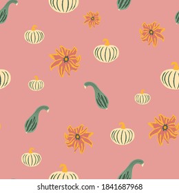 Fall pumpkins seamless pattern. Hand-drawn pumpkins of different shapes and flowers on a dusty rose background, vector illustration.