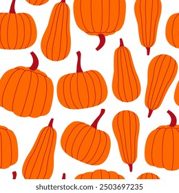 Fall pumpkins seamless pattern. Happy harvest festival. Drawing, sketch. Pumpkin silhouettes. Vector background, backdrop, digital paper.