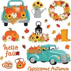 Fall Pumpkins And Sunflowers Harvest Truck Vector Art Set