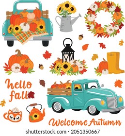 Fall Pumpkins and Sunflowers Harvest Truck Vector Art Set