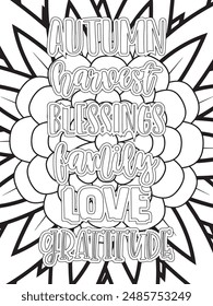 Fall Quotes Flower Coloring Page Beautiful black and white illustration for adult coloring book