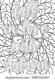 Fall Quotes Flower Coloring Page Beautiful black and white illustration for adult coloring book