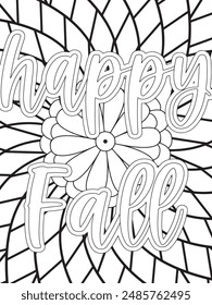 Fall Quotes Flower Coloring Page Beautiful black and white illustration for adult coloring book