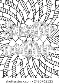 Fall Quotes Flower Coloring Page Hermosa ilustración en blanco y negro para libro de colorear para adultos
