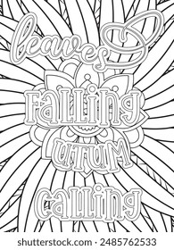 Fall Quotes Flower Coloring Page Beautiful black and white illustration for adult coloring book