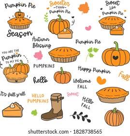 Fall Quotes harvest Autumn lettering vector set. Autumn phrases with cute and cozy design elements decorative bundle. Fall inscription collection isolated