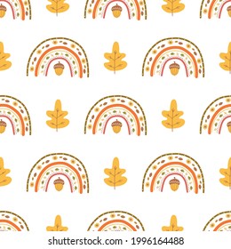Fall rainbow pattern, fall leaves, acorn. Cute autumn seamless background. Kids autumn rainbow. Thanksgiving vector illustration. Fall season wallpaper, wrap Harvest time, fall market banner.