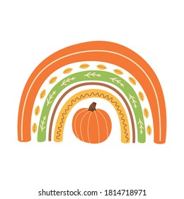 Fall rainbow with pumpkin Cute autumn greeting card. Background for fall season. Baby rainbow. Thanksgiving time