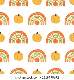 Fall Rainbow With Pumpkin Pattern Cute Autumn Seamless Background For Fall Season. Baby Rainbow. Thanksgiving Time