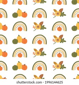 Fall rainbow pumpkin pattern Cute autumn seamless background for fall season. Baby rainbow. Thanksgiving time