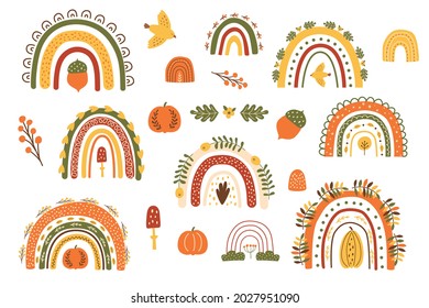 Fall rainbow set. Autumn rainbows collection Floral rainbows Thanksgiving day elements isolated kit