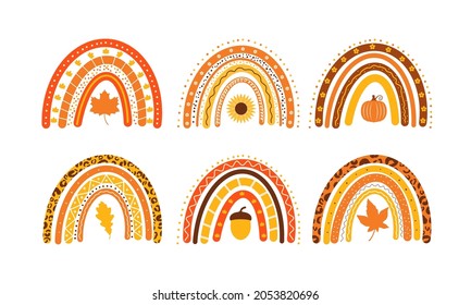 Fall rainbows bundle. Cute Autumn clipart. Vector template for banner, poster, greeting card, flyer, postcard, sticker, clothes, etc.