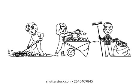 fall raking leaves kid vector. fun play, cleanup activity, outdoors season fall raking leaves kid character. people black line pencil drawing illustration