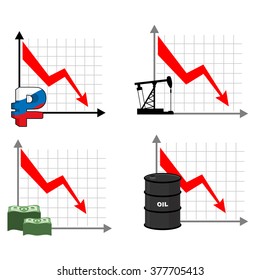 Fall rates of rouble and oil. Red down arrow. Reducing cost of barrels of petroleum. Reduction quotes Russian currency, money. Decline in market for cash. Set graph for business infographics