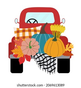 Fall red pickup truck with group of pumpkins, pillow, warm blanket, leaves, isolated on white background. Vector harvest illustration.